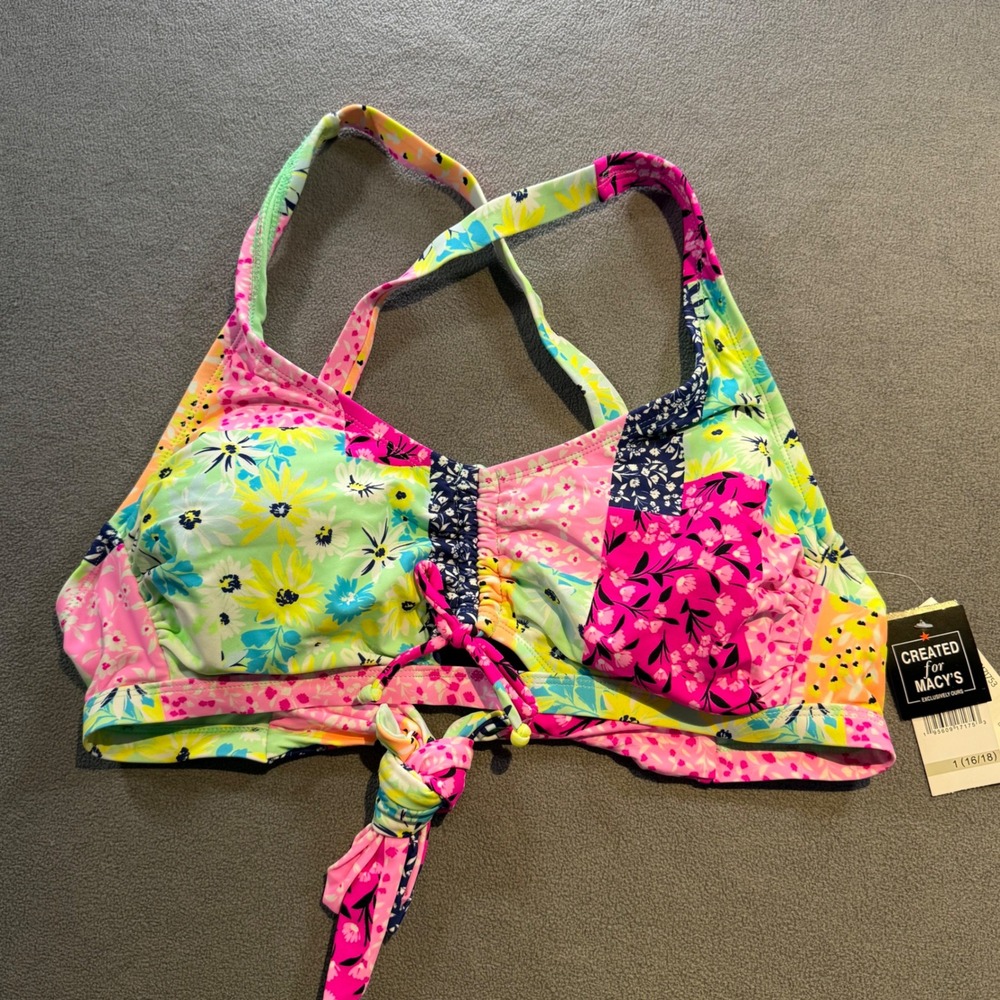California Waves Plus Floral Patchwork Bralette Bikini Top Green Combo 1 16-18